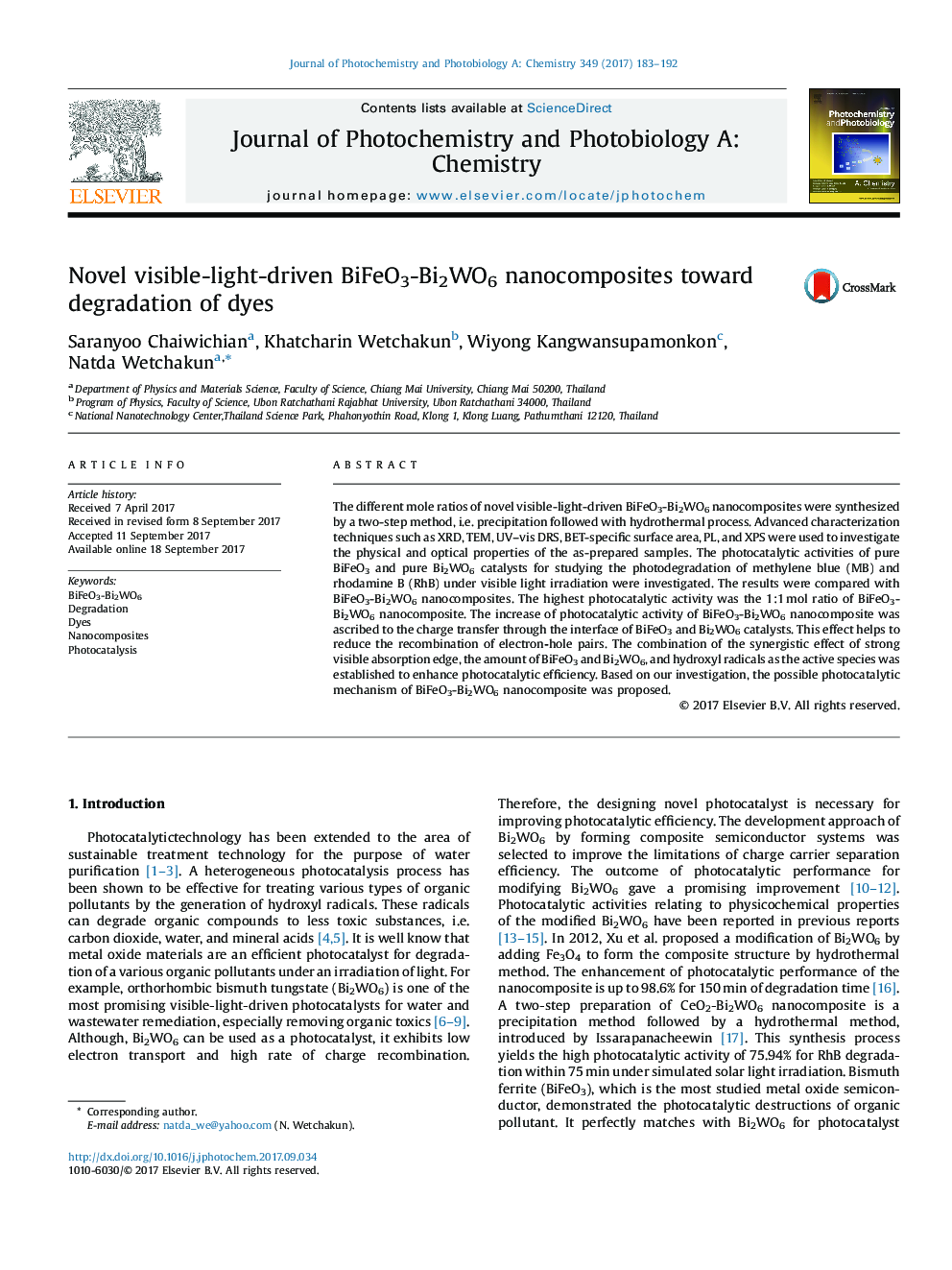 Novel visible-light-driven BiFeO3-Bi2WO6 nanocomposites toward degradation of dyes