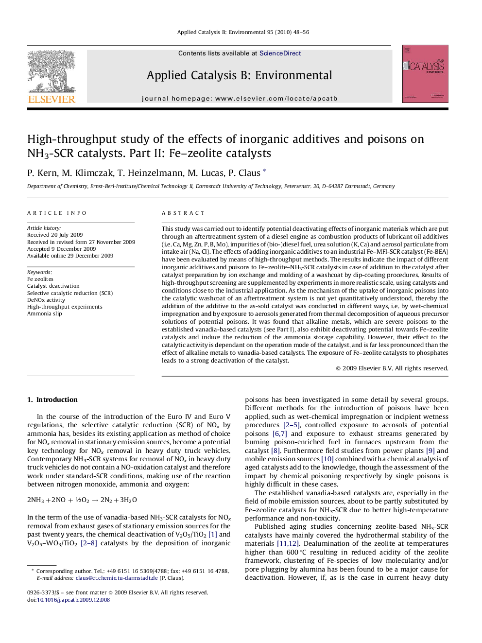 عکس صفحه اول مقاله: High-throughput study of the effects of inorganic additives and poisons on NH3-SCR catalysts. Part II: Fe–zeolite catalysts High-throughput study of the effects of inorganic additives and poisons on NH3-SCR catalysts. Part II: Fe–zeolite catalysts