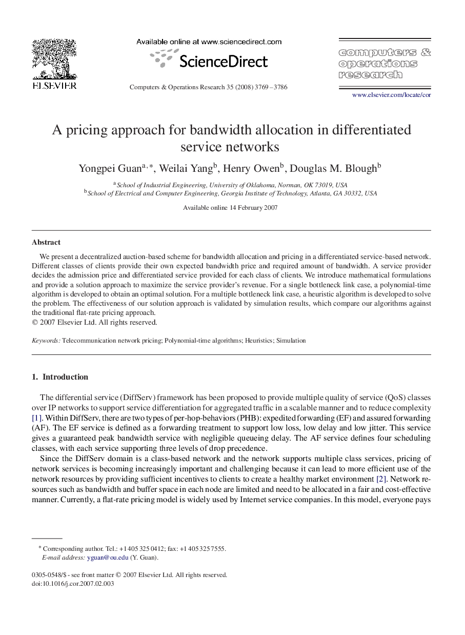 A pricing approach for bandwidth allocation in differentiated service networks