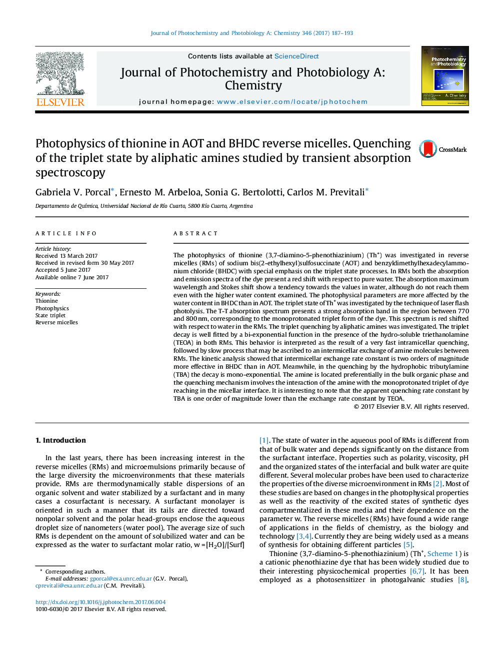 Photophysics of thionine in AOT and BHDC reverse micelles. Quenching of the triplet state by aliphatic amines studied by transient absorption spectroscopy