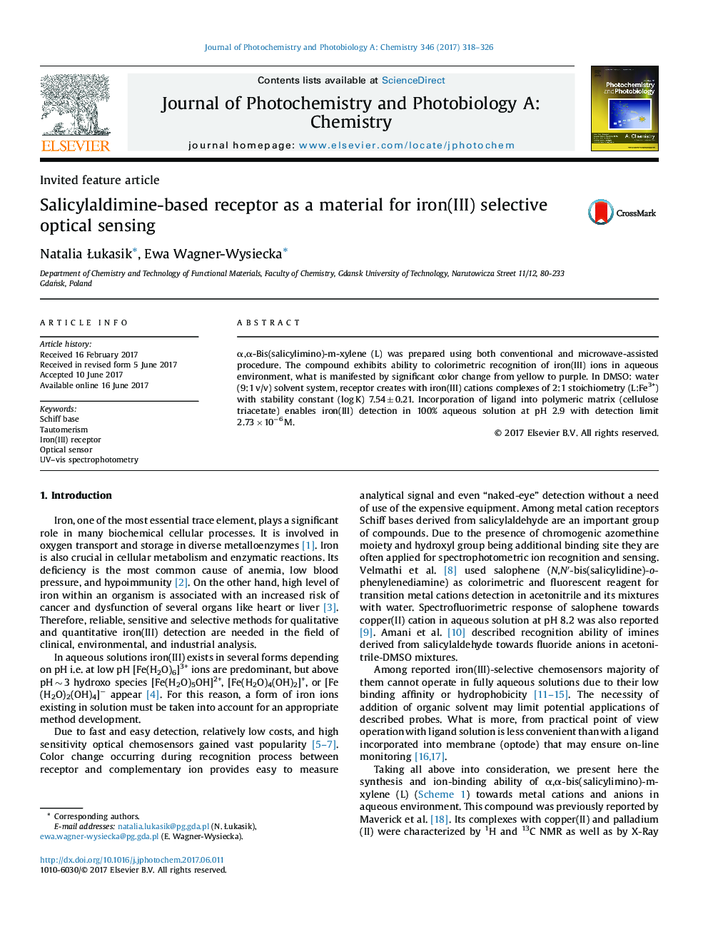 Invited feature articleSalicylaldimine-based receptor as a material for iron(III) selective optical sensing