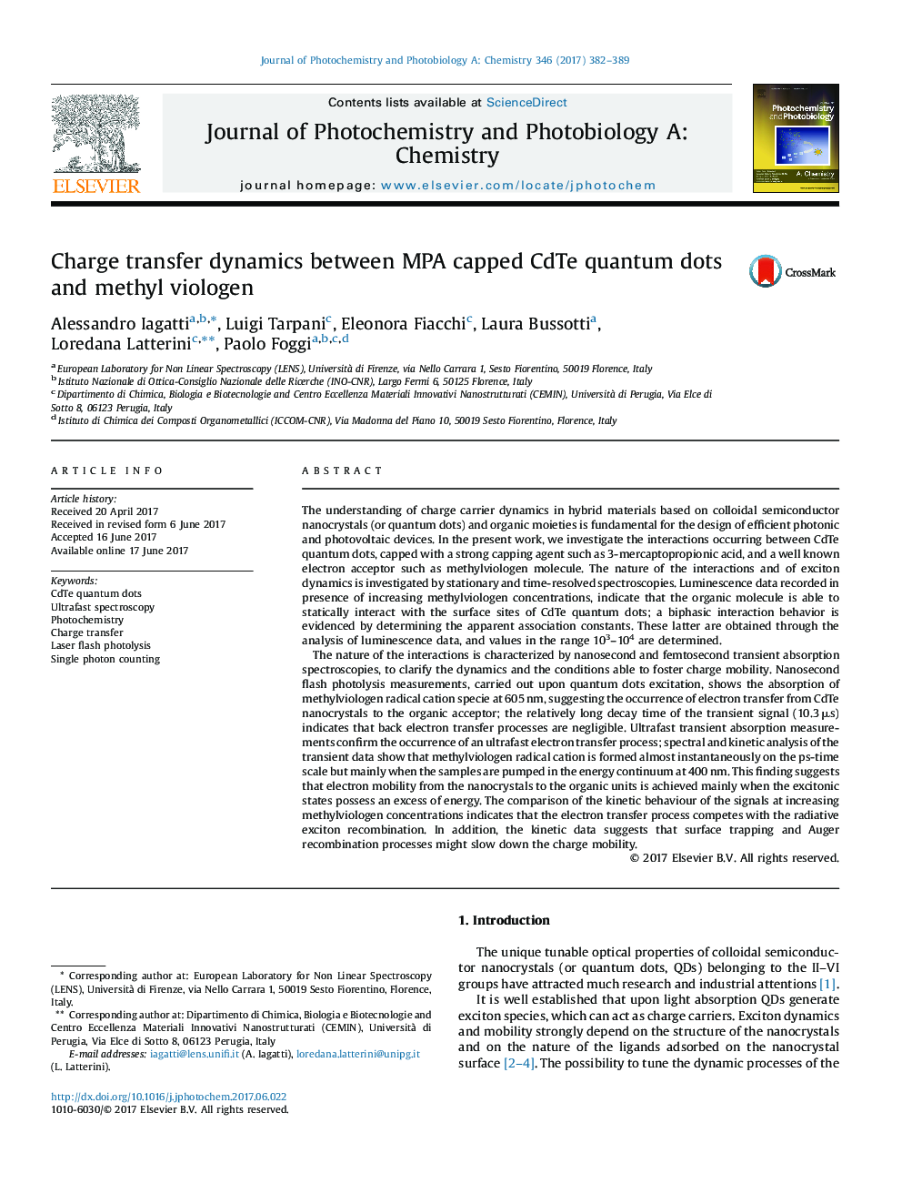 عکس صفحه اول مقاله: Charge transfer dynamics between MPA capped CdTe quantum dots and methyl viologen Charge transfer dynamics between MPA capped CdTe quantum dots and methyl viologen