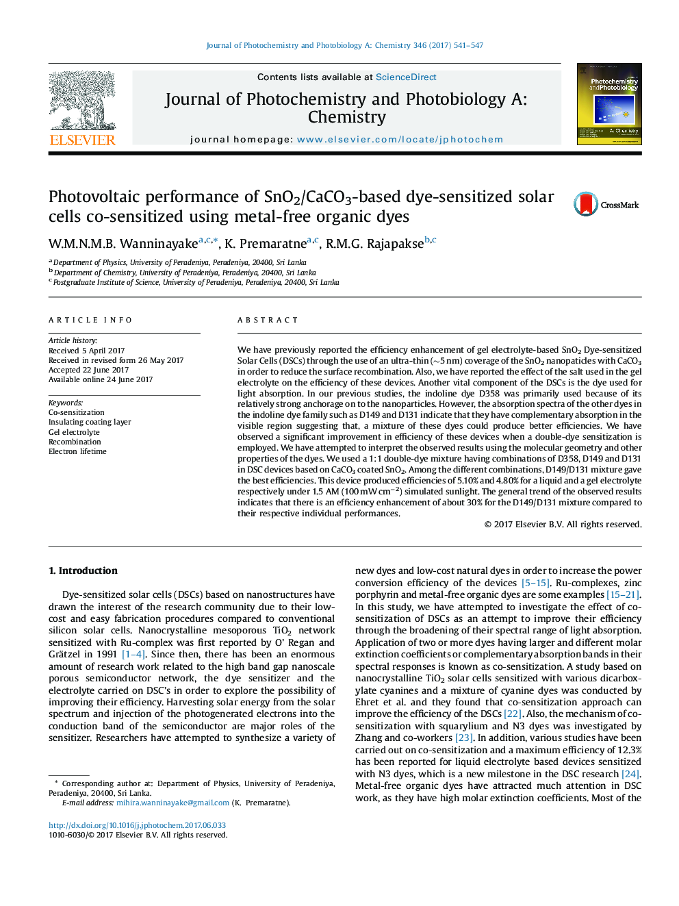 Photovoltaic performance of SnO2/CaCO3-based dye-sensitized solar cells co-sensitized using metal-free organic dyes