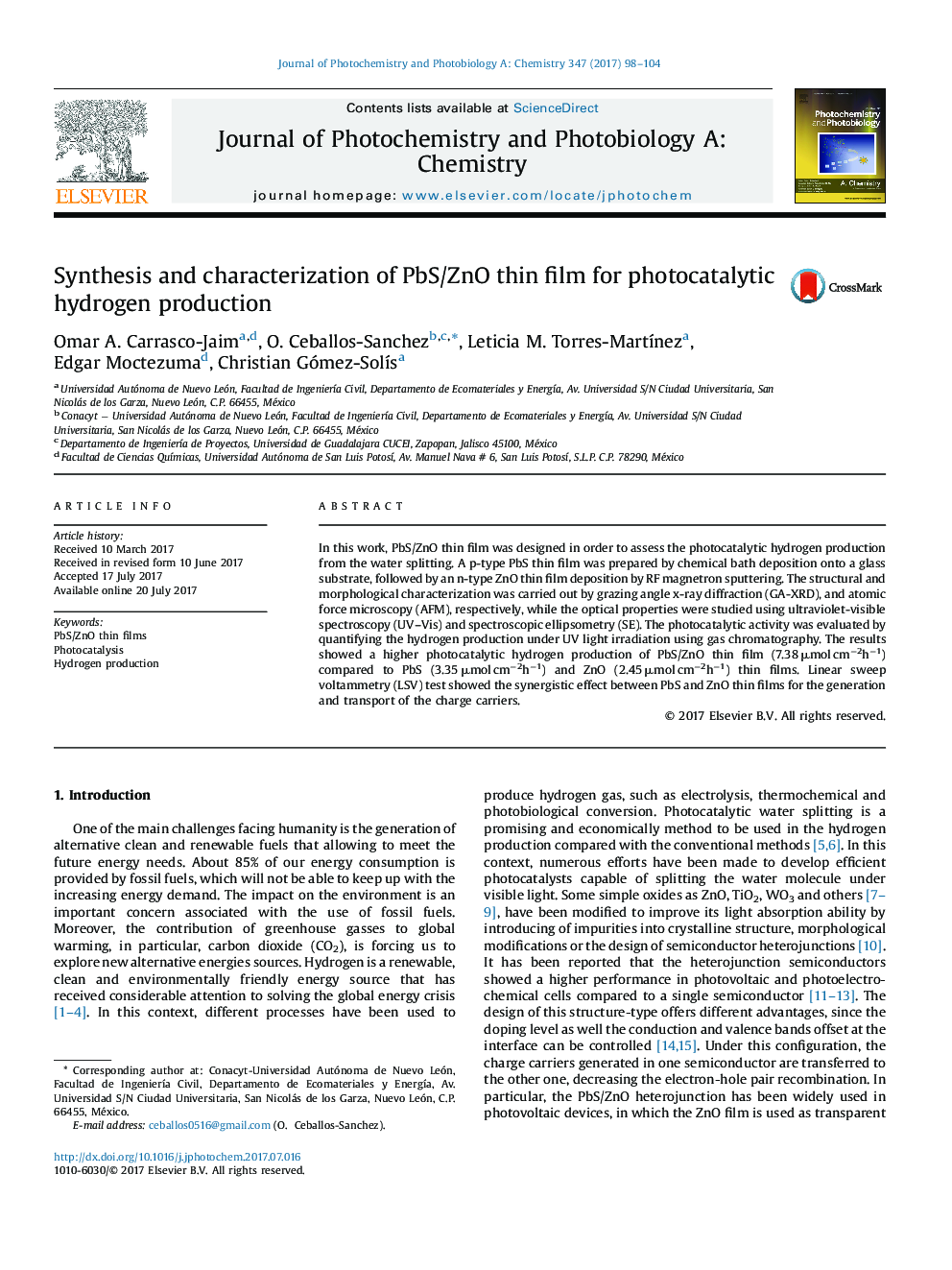 Synthesis and characterization of PbS/ZnO thin film for photocatalytic hydrogen production