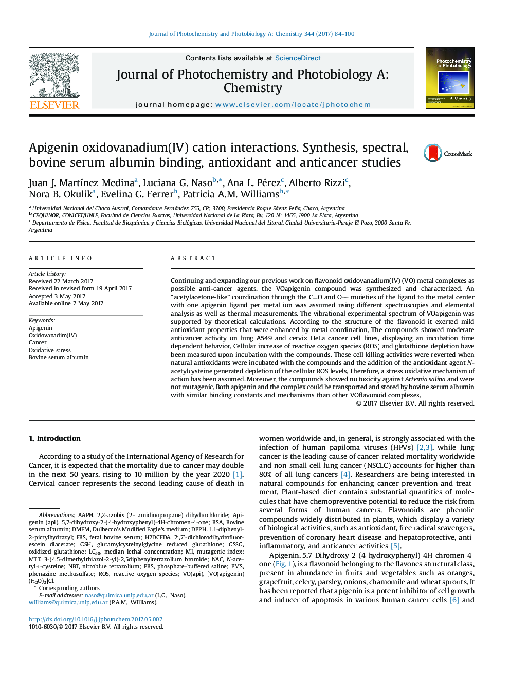 Apigenin oxidovanadium(IV) cation interactions. Synthesis, spectral, bovine serum albumin binding, antioxidant and anticancer studies