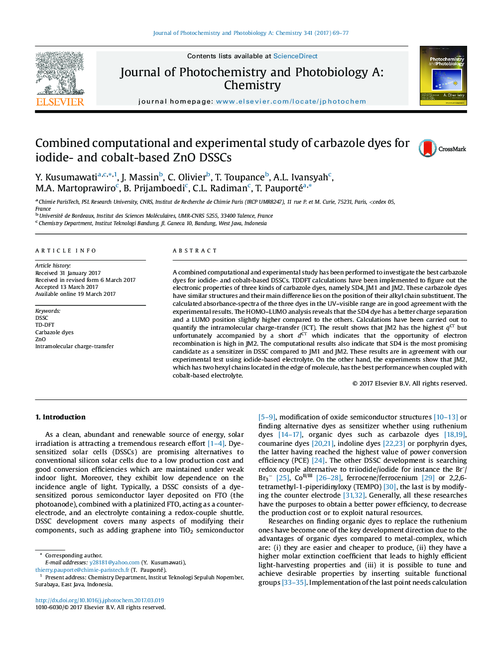 Combined computational and experimental study of carbazole dyes for iodide- and cobalt-based ZnO DSSCs