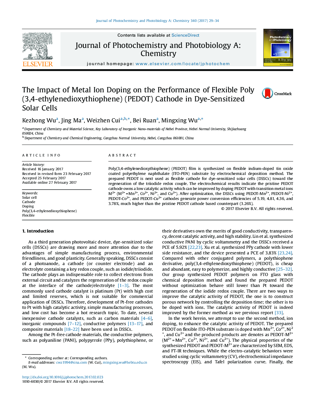 The Impact of Metal Ion Doping on the Performance of Flexible Poly(3,4-ethylenedioxythiophene) (PEDOT) Cathode in Dye-Sensitized Solar Cells