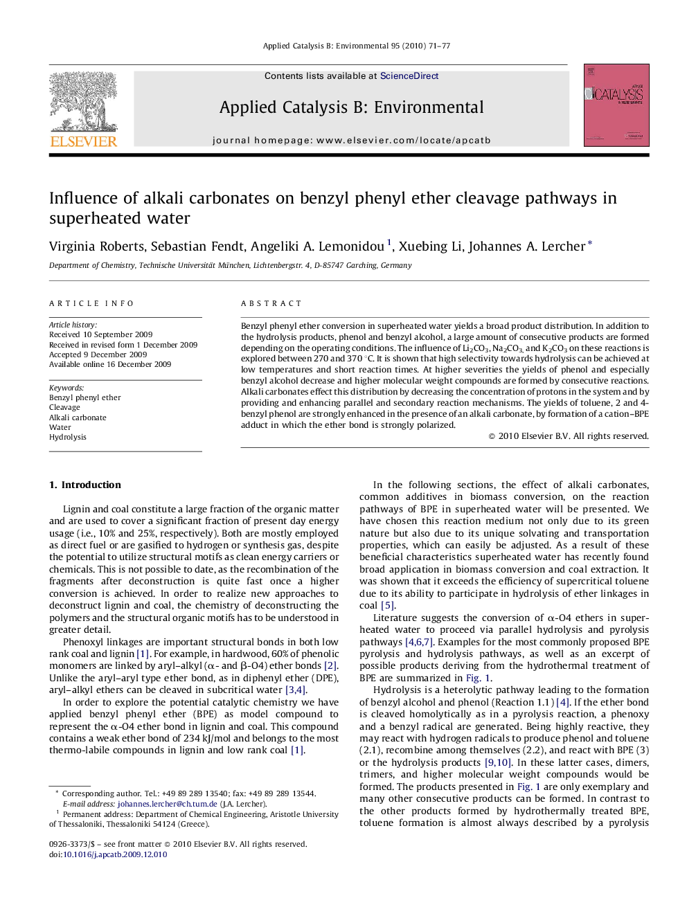 Influence of alkali carbonates on benzyl phenyl ether cleavage pathways in superheated water