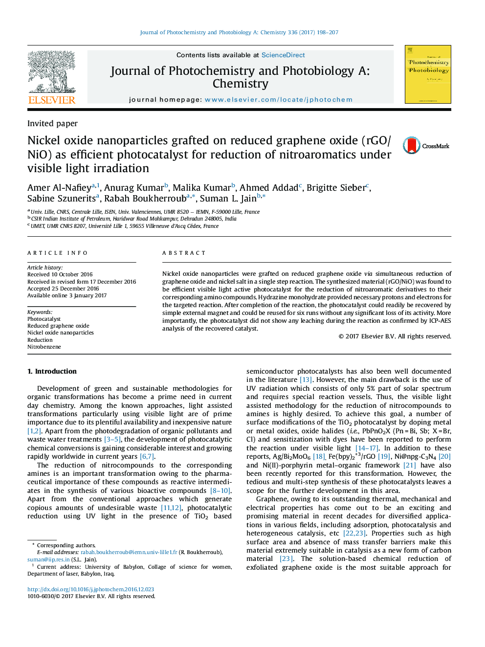 Nickel oxide nanoparticles grafted on reduced graphene oxide (rGO/NiO) as efficient photocatalyst for reduction of nitroaromatics under visible light irradiation