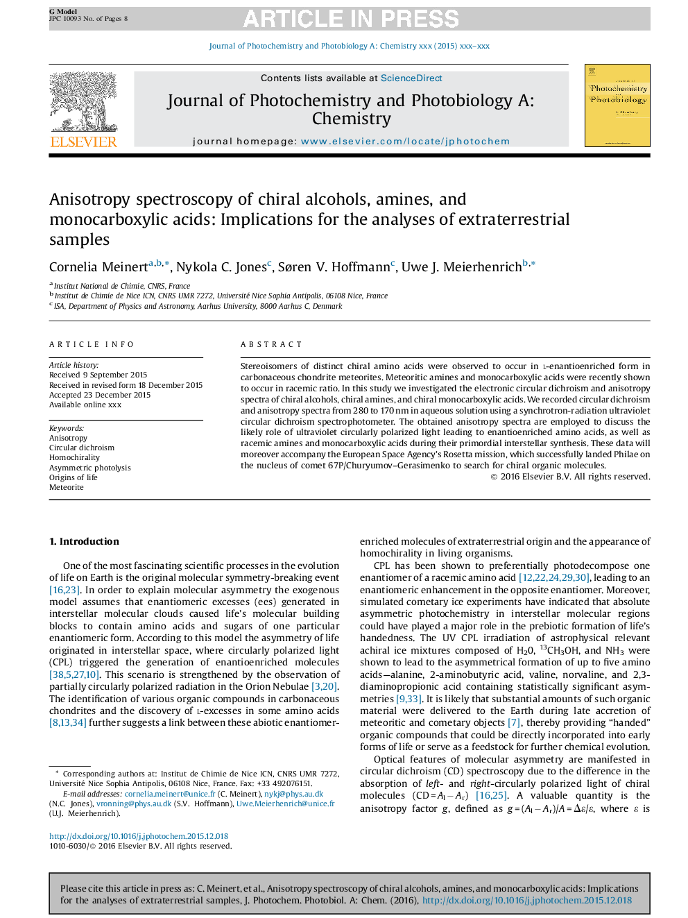 Anisotropy spectroscopy of chiral alcohols, amines, and monocarboxylic acids: Implications for the analyses of extraterrestrial samples