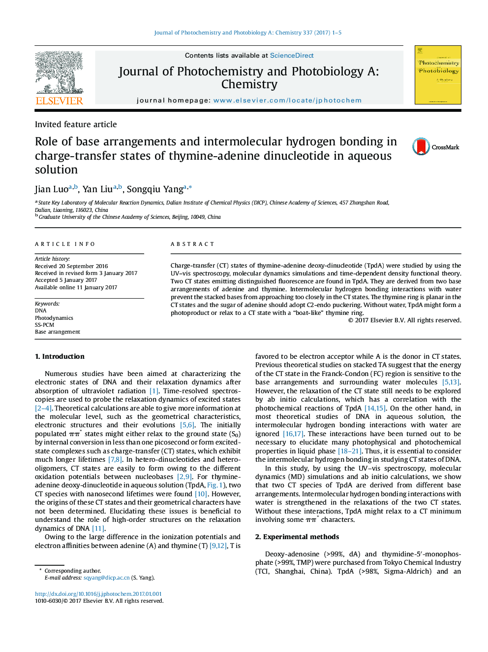 Role of base arrangements and intermolecular hydrogen bonding in charge-transfer states of thymine-adenine dinucleotide in aqueous solution