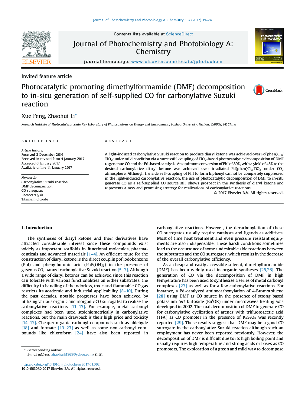 Invited feature articlePhotocatalytic promoting dimethylformamide (DMF) decomposition to in-situ generation of self-supplied CO for carbonylative Suzuki reaction