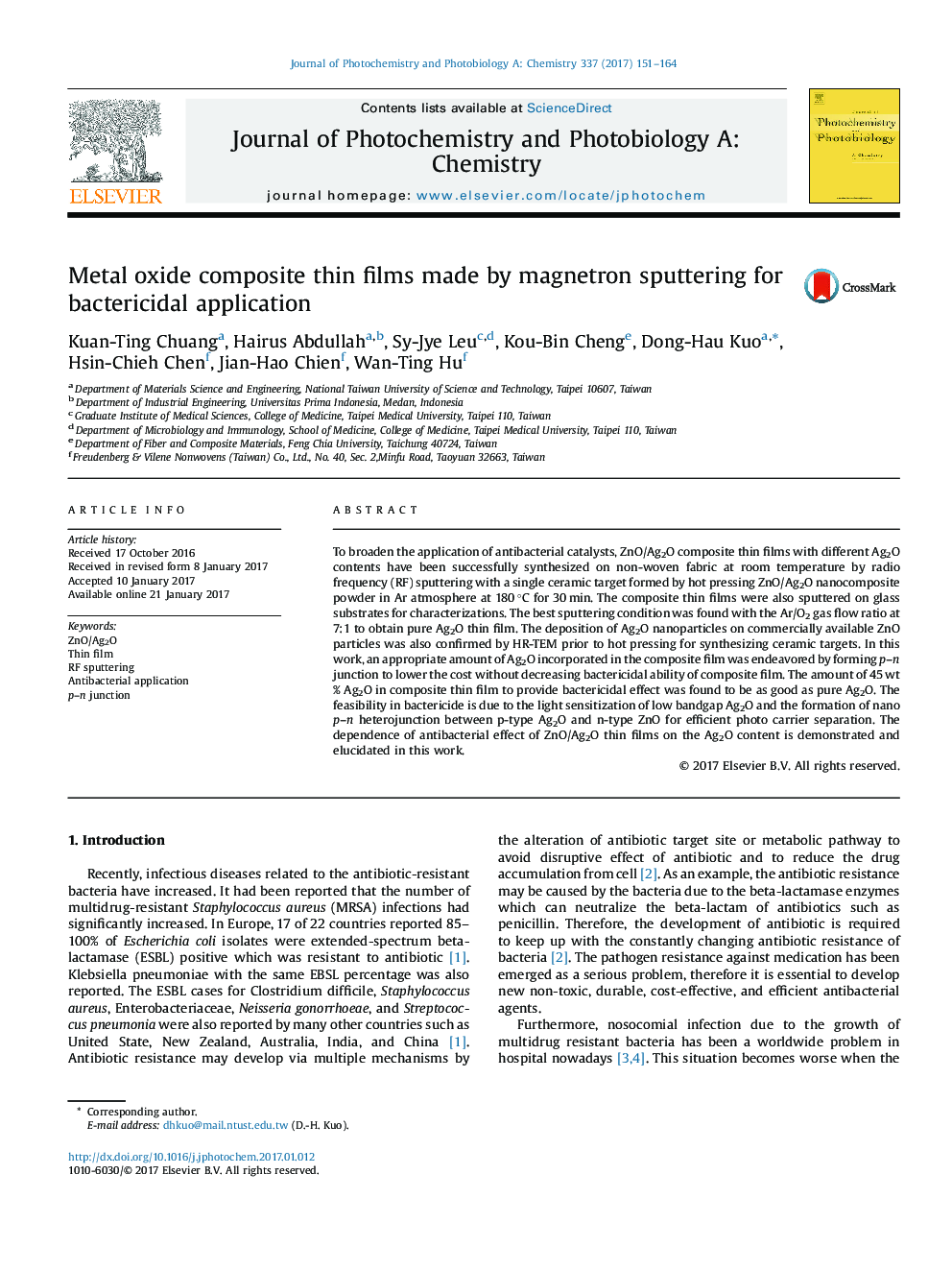 Metal oxide composite thin films made by magnetron sputtering for bactericidal application