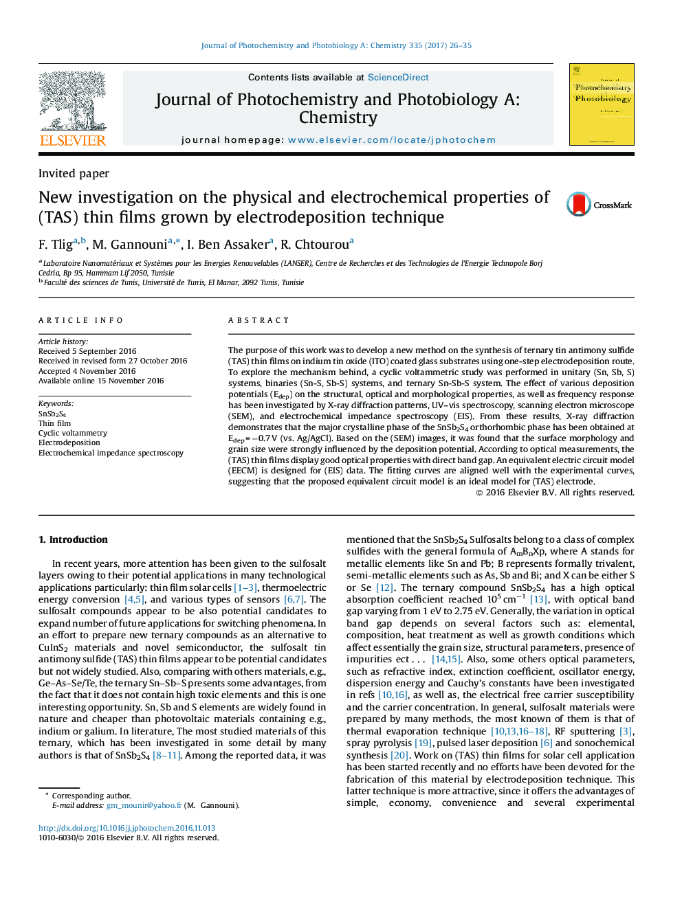 Invited paperNew investigation on the physical and electrochemical properties of (TAS) thin films grown by electrodeposition technique