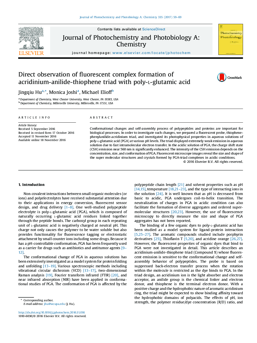 Direct observation of fluorescent complex formation of acridinium-anilide-thiophene triad with poly-l-glutamic acid