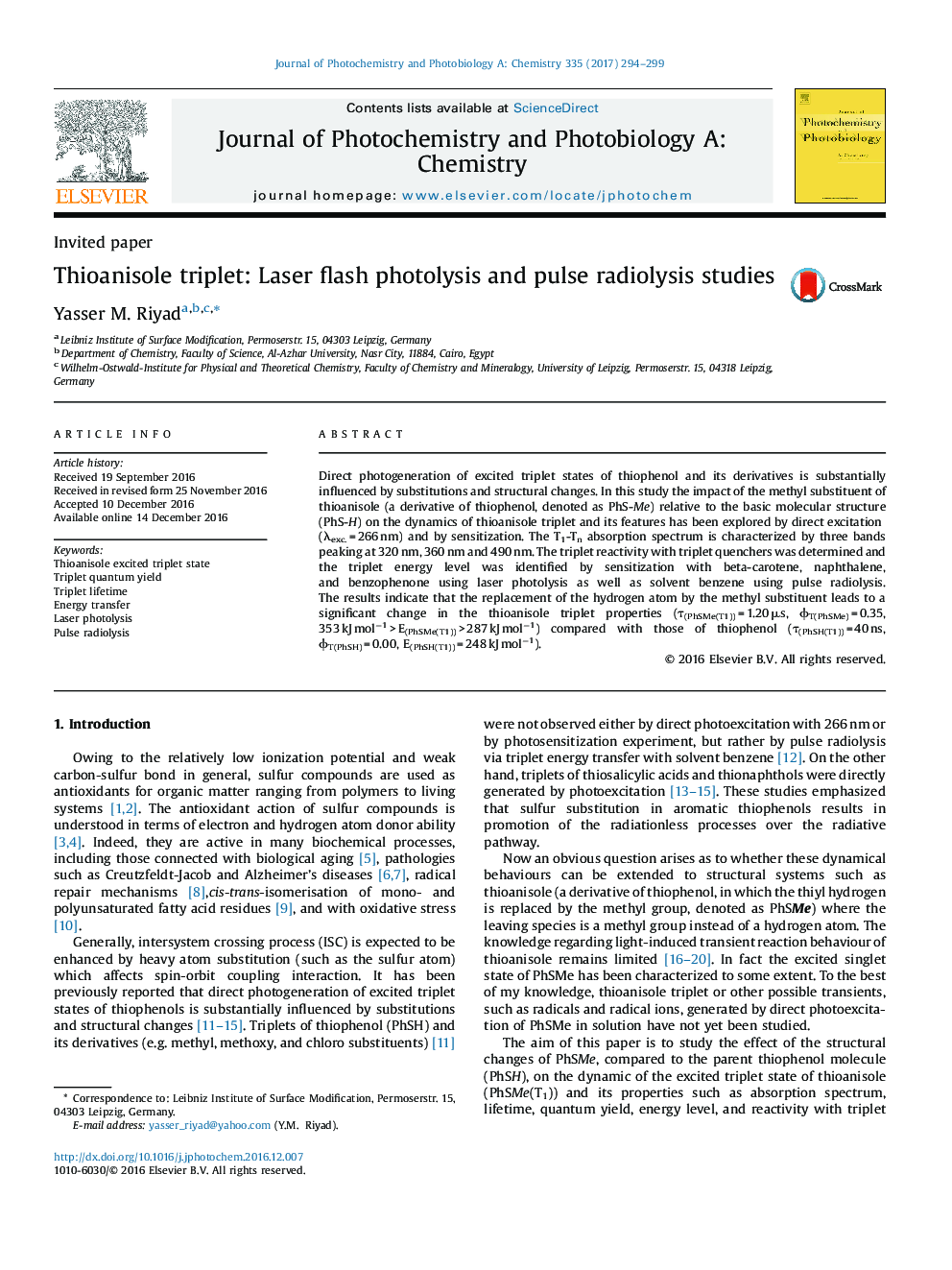 Invited paperThioanisole triplet: Laser flash photolysis and pulse radiolysis studies