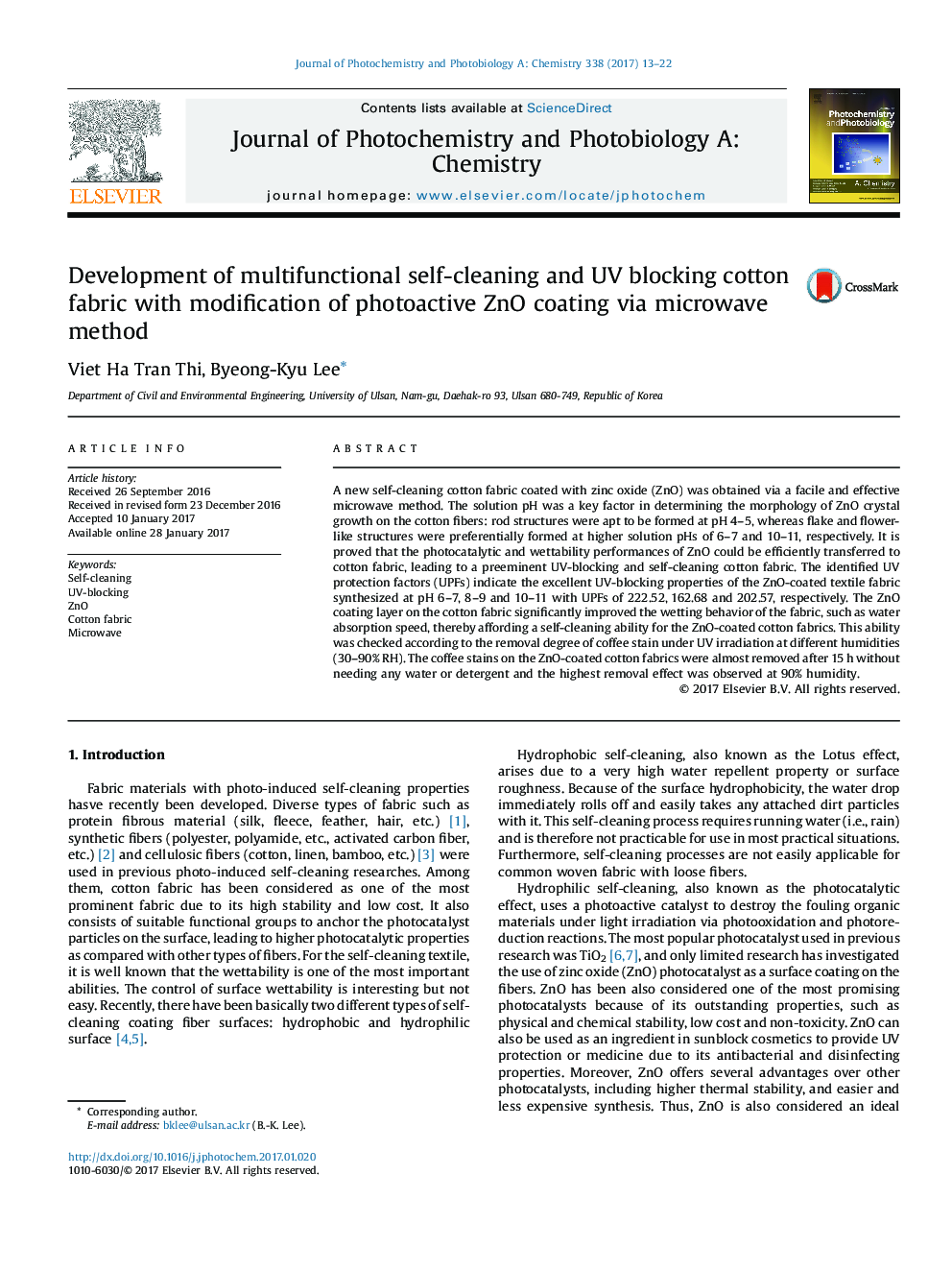 Development of multifunctional self-cleaning and UV blocking cotton fabric with modification of photoactive ZnO coating via microwave method