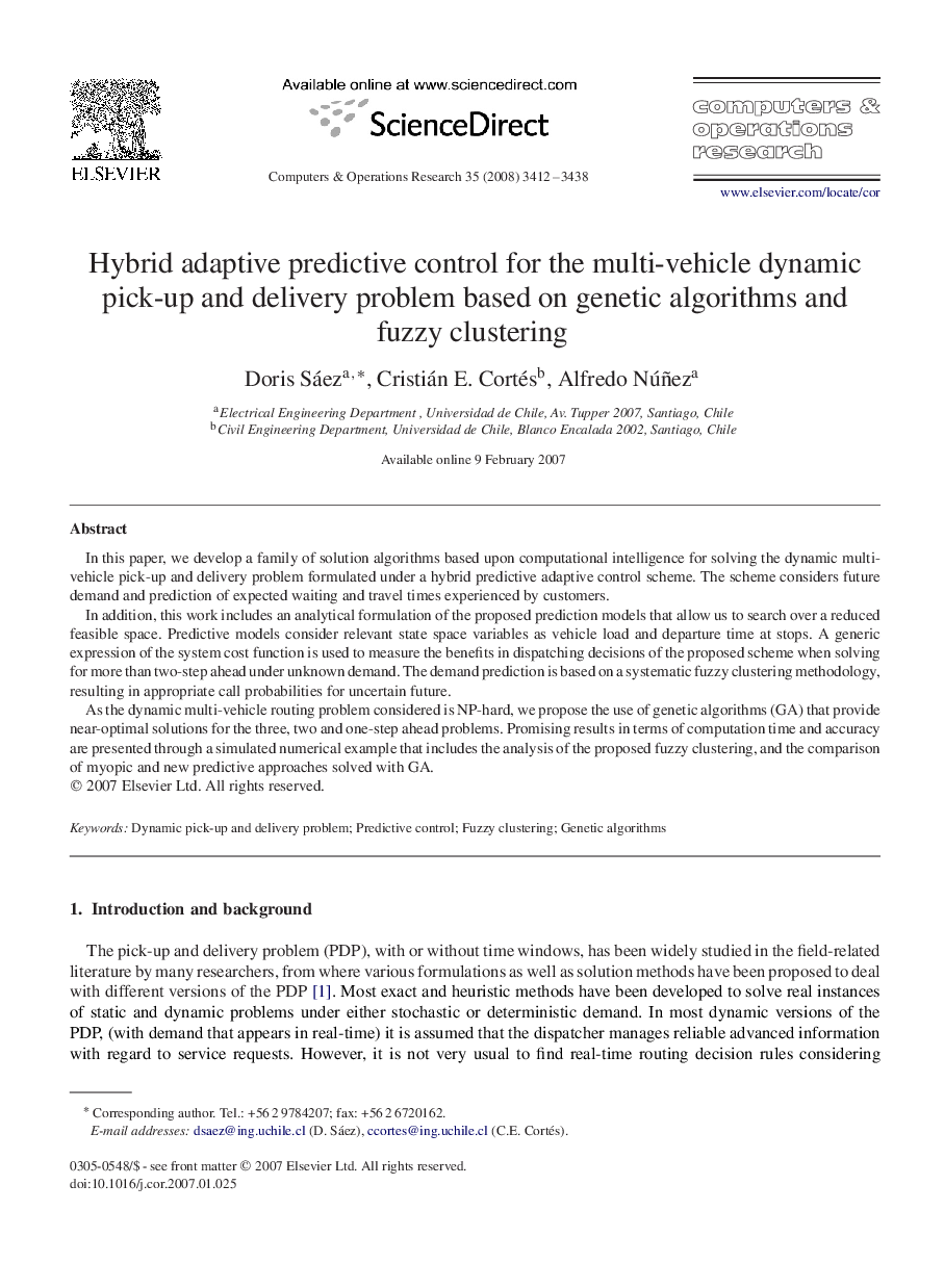 Hybrid adaptive predictive control for the multi-vehicle dynamic pick-up and delivery problem based on genetic algorithms and fuzzy clustering