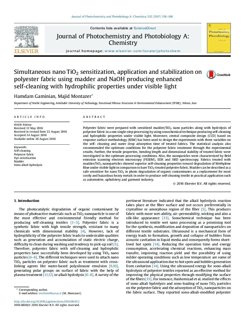 Simultaneous nano TiO2 sensitization, application and stabilization on polyester fabric using madder and NaOH producing enhanced self-cleaning with hydrophilic properties under visible light