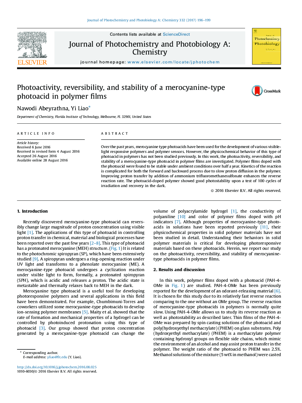 Photoactivity, reversibility, and stability of a merocyanine-type photoacid in polymer films