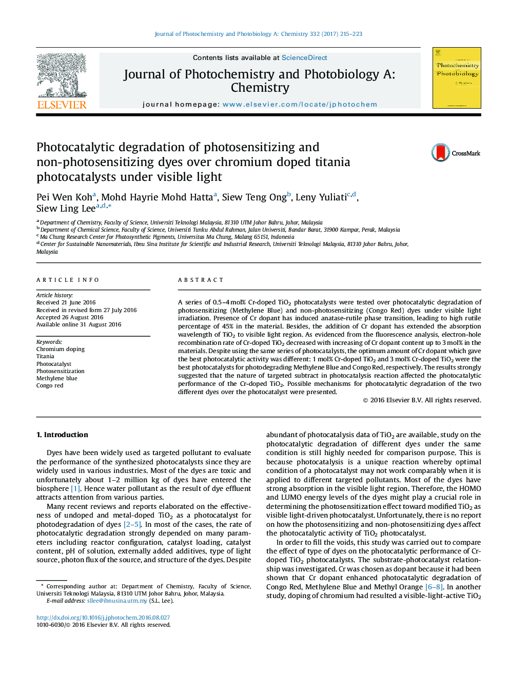 Photocatalytic degradation of photosensitizing and non-photosensitizing dyes over chromium doped titania photocatalysts under visible light