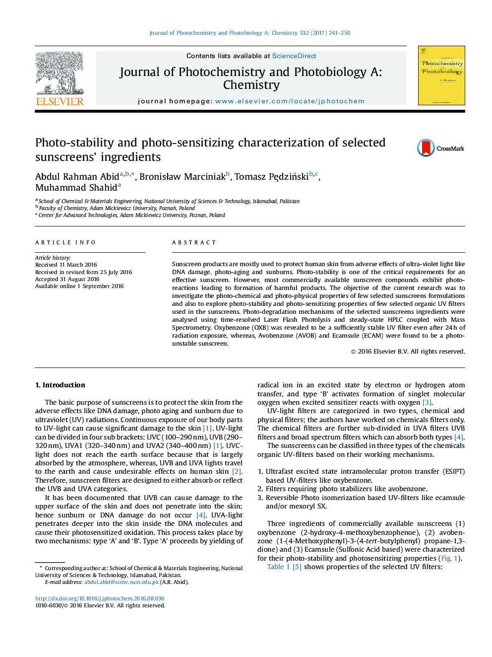 Photo-stability and photo-sensitizing characterization of selected sunscreens' ingredients