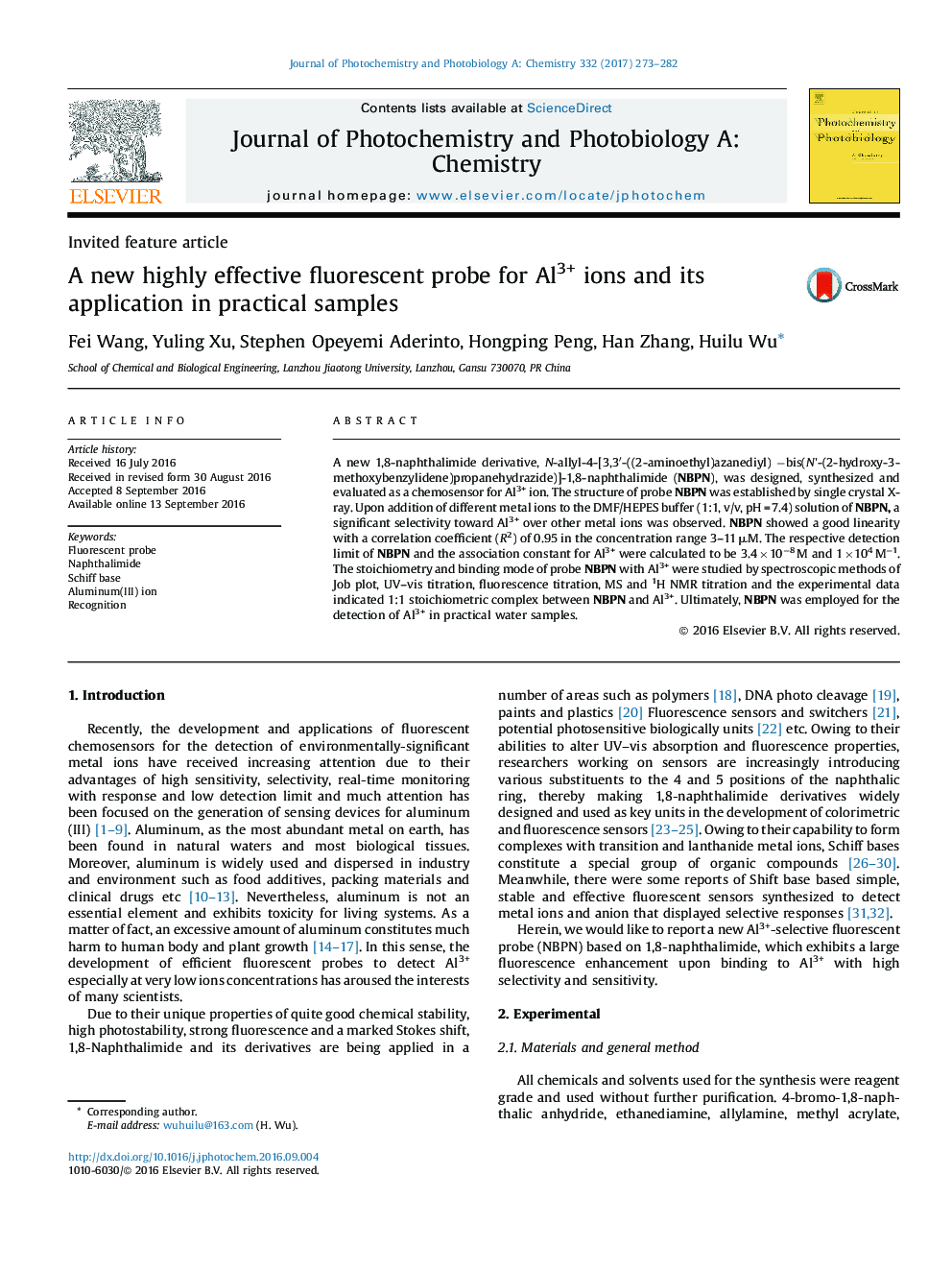 A new highly effective fluorescent probe for Al3+ ions and its application in practical samples