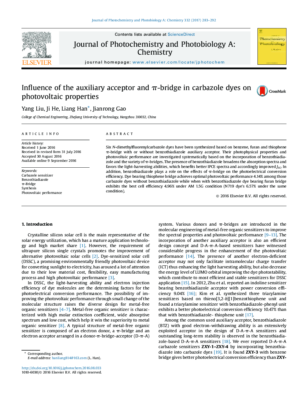 Influence of the auxiliary acceptor and Ï-bridge in carbazole dyes on photovoltaic properties