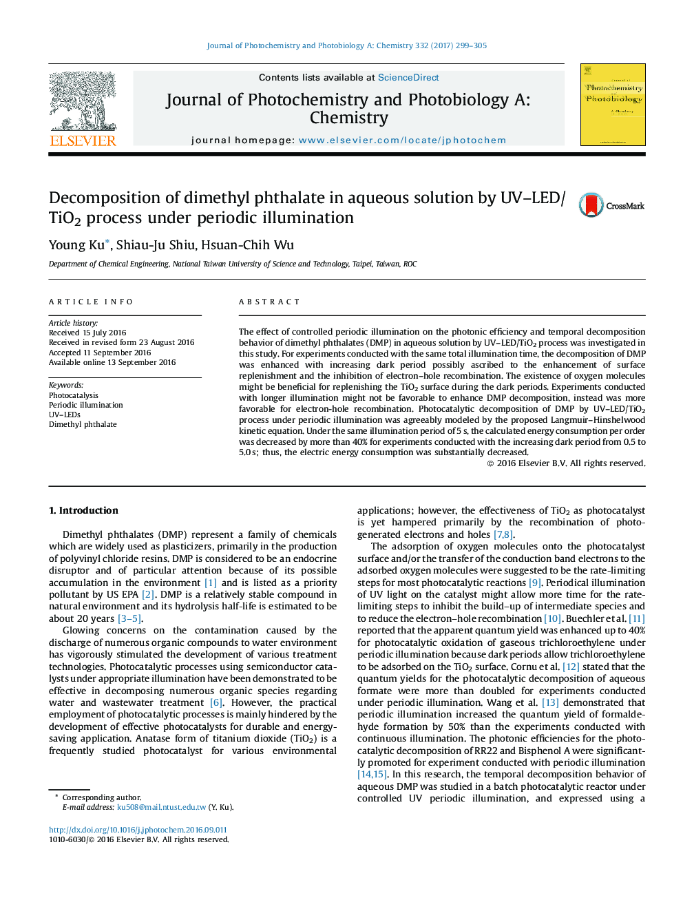 Decomposition of dimethyl phthalate in aqueous solution by UV-LED/TiO2 process under periodic illumination