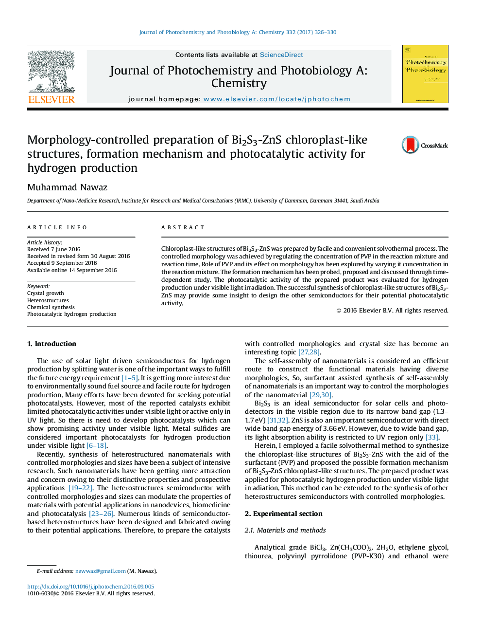 Morphology-controlled preparation of Bi2S3-ZnS chloroplast-like structures, formation mechanism and photocatalytic activity for hydrogen production