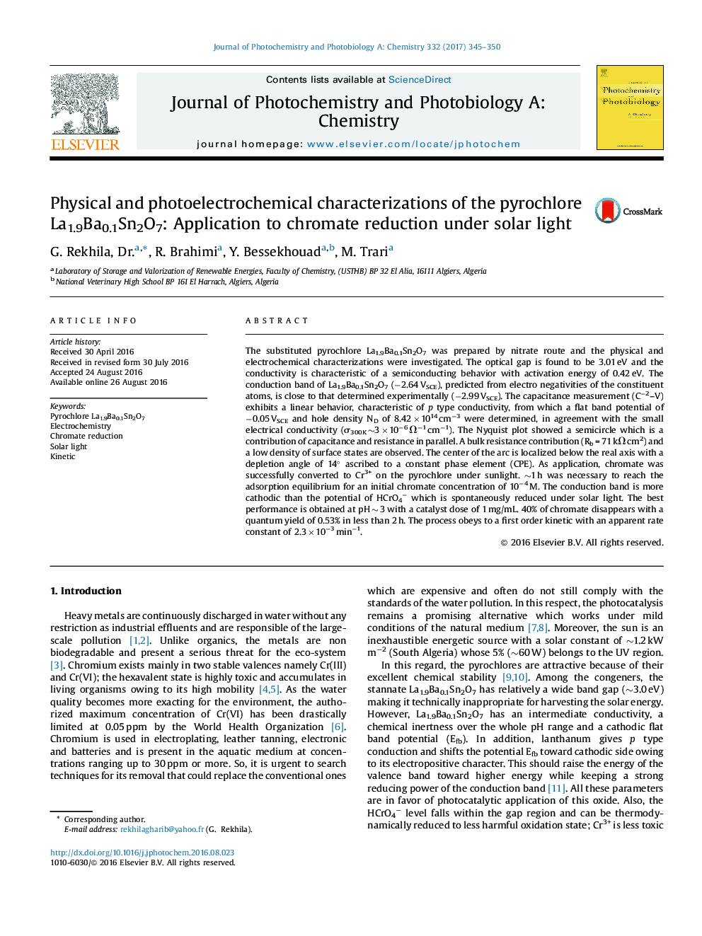 Physical and photoelectrochemical characterizations of the pyrochlore La1.9Ba0.1Sn2O7: Application to chromate reduction under solar light