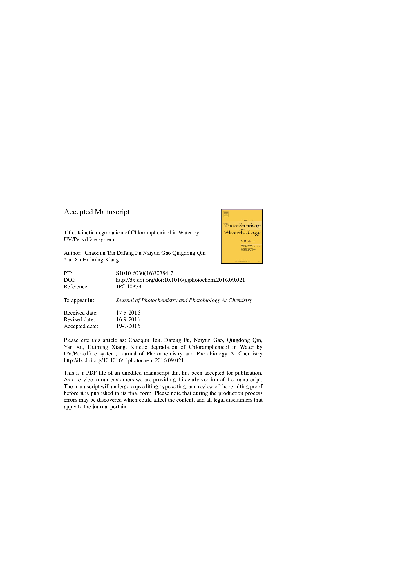 Kinetic degradation of chloramphenicol in water by UV/persulfate system