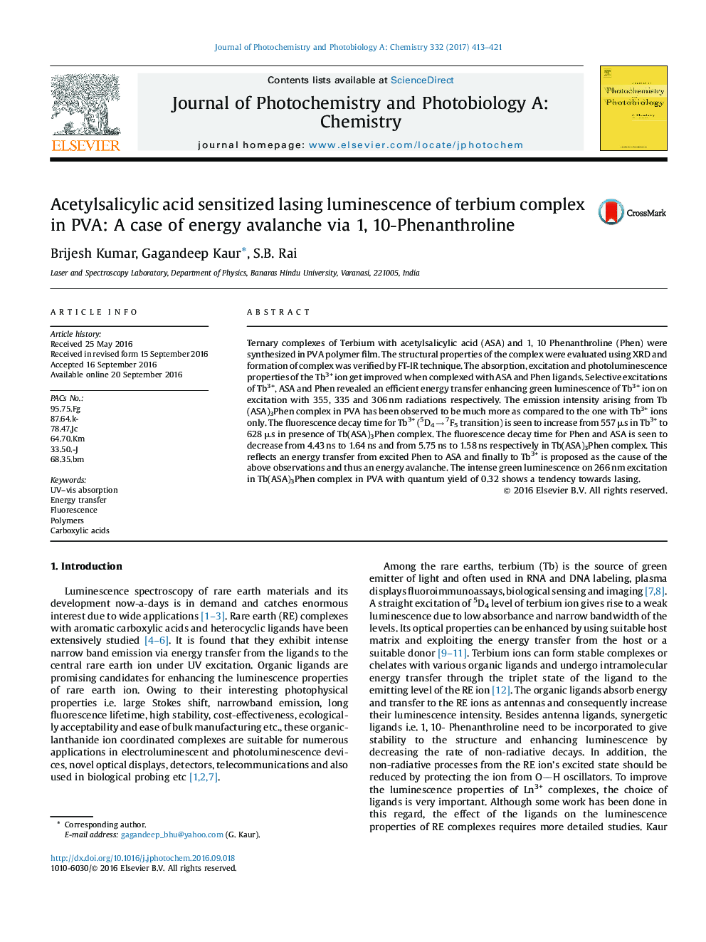 Acetylsalicylic acid sensitized lasing luminescence of terbium complex in PVA: A case of energy avalanche via 1, 10-Phenanthroline