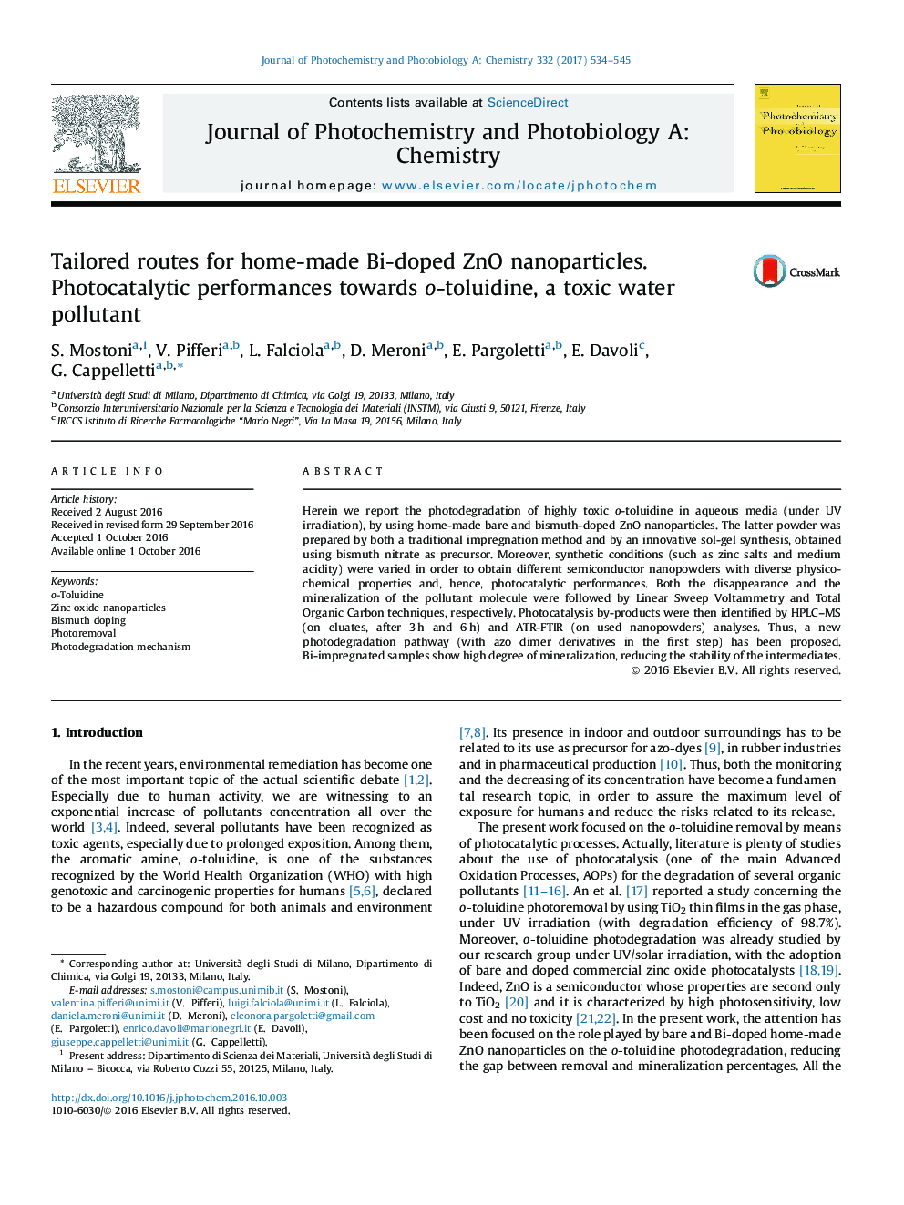 Tailored routes for home-made Bi-doped ZnO nanoparticles. Photocatalytic performances towards o-toluidine, a toxic water pollutant