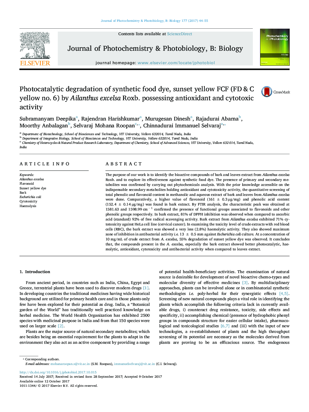 Photocatalytic degradation of synthetic food dye, sunset yellow FCF (FD&C yellow no. 6) by Ailanthus excelsa Roxb. possessing antioxidant and cytotoxic activity