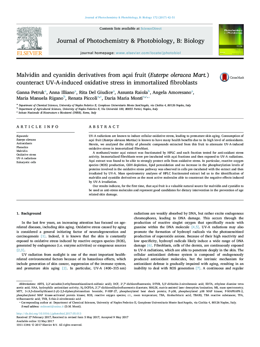 Malvidin and cyanidin derivatives from açai fruit (Euterpe oleracea Mart.) counteract UV-A-induced oxidative stress in immortalized fibroblasts