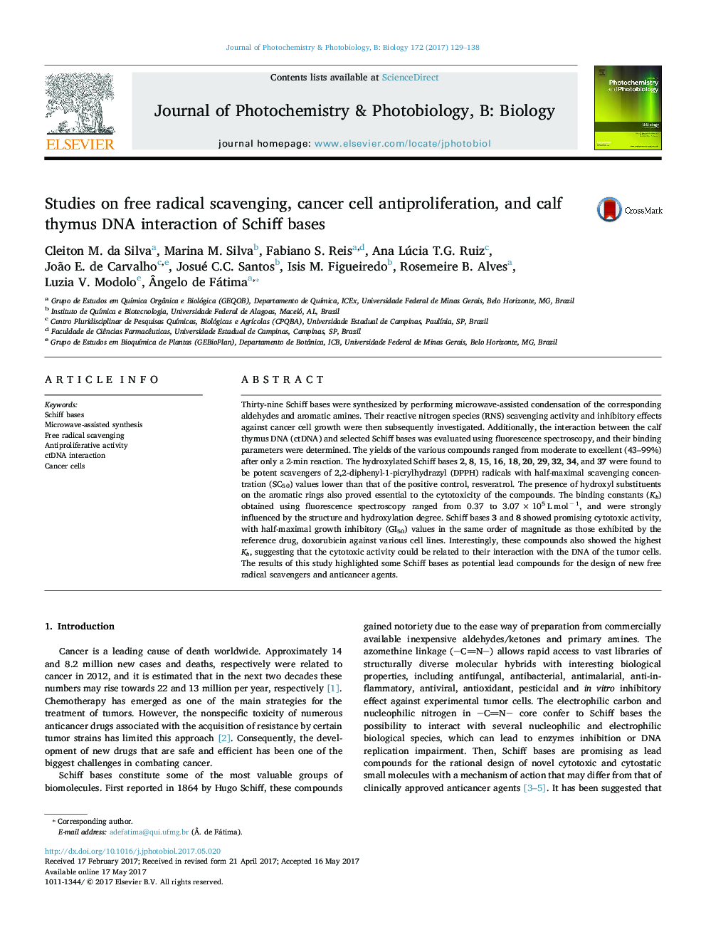 Studies on free radical scavenging, cancer cell antiproliferation, and calf thymus DNA interaction of Schiff bases