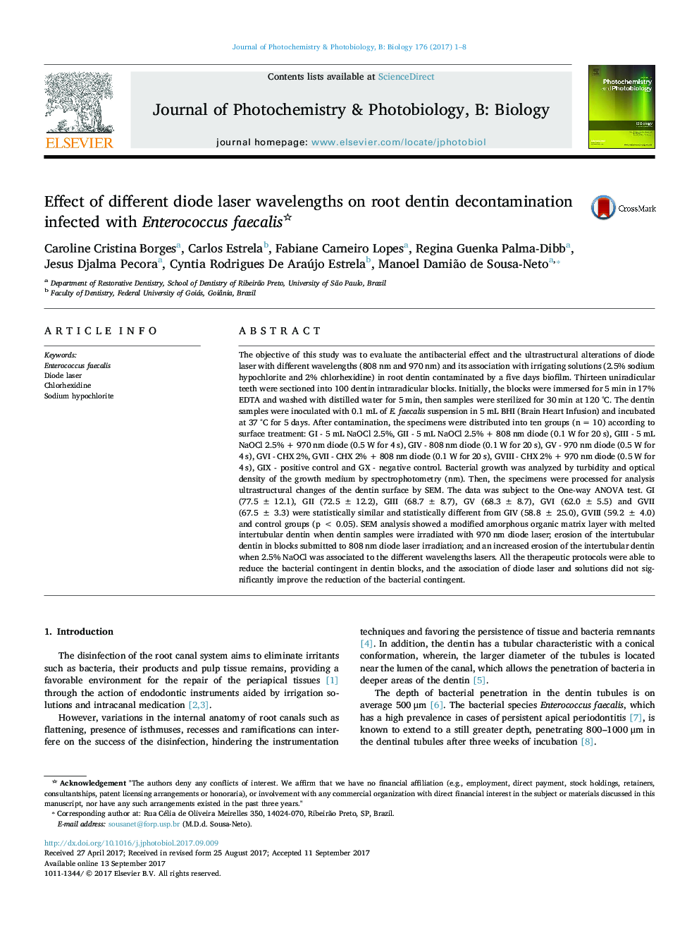 Effect of different diode laser wavelengths on root dentin decontamination infected with Enterococcus faecalis