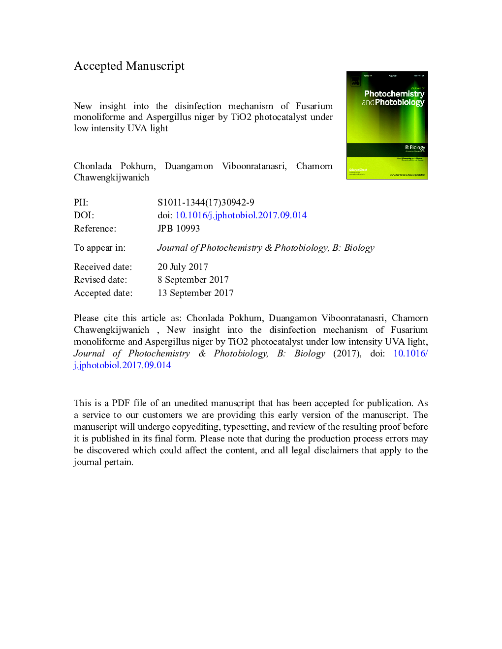 New insight into the disinfection mechanism of Fusarium monoliforme and Aspergillus niger by TiO2 photocatalyst under low intensity UVA light