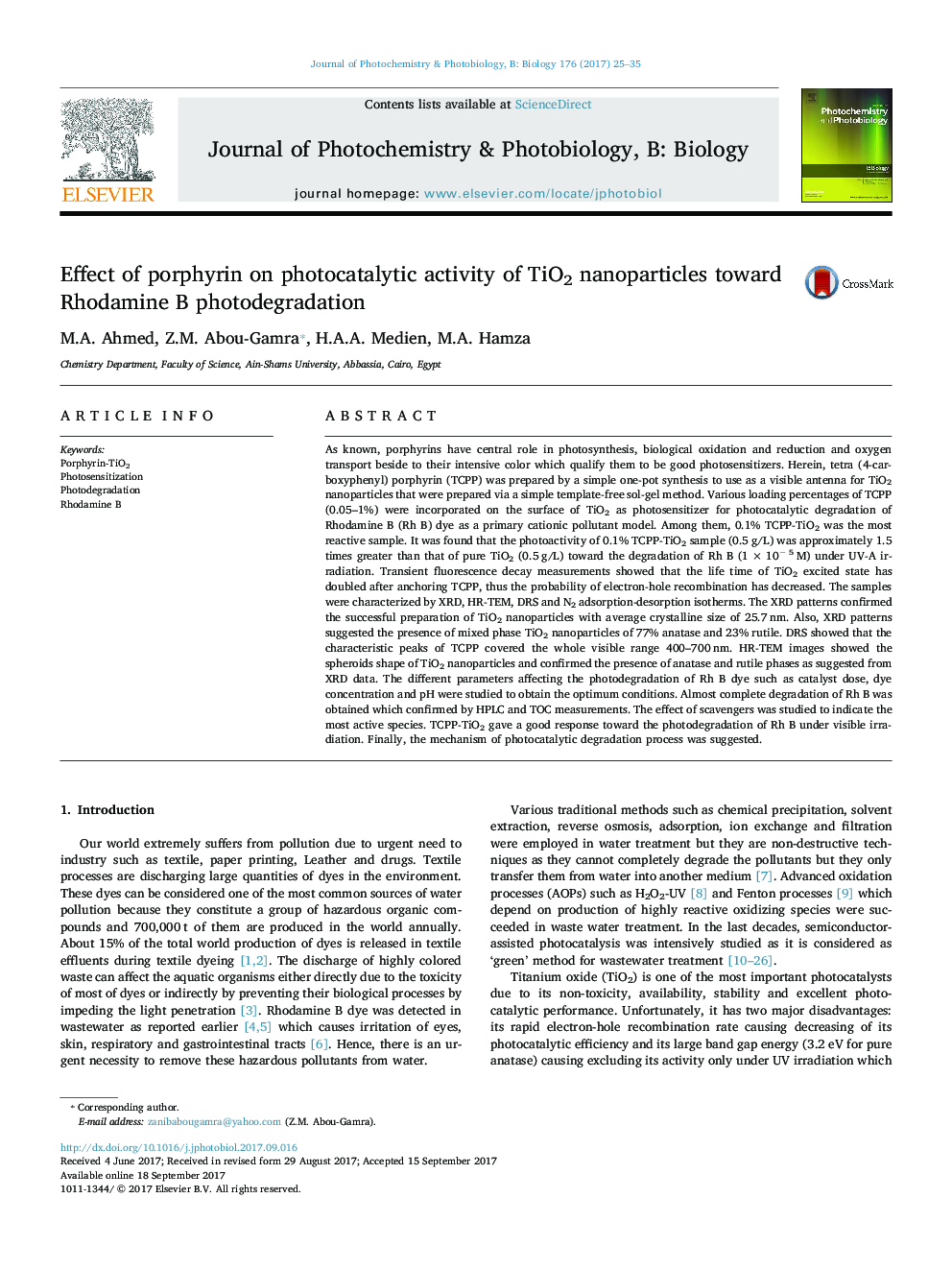 Effect of porphyrin on photocatalytic activity of TiO2 nanoparticles toward Rhodamine B photodegradation