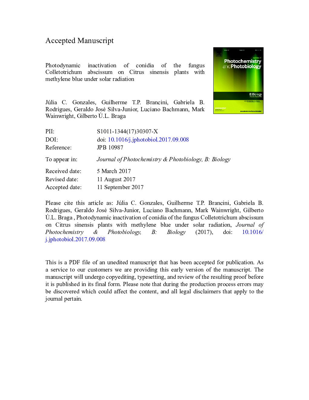 Photodynamic inactivation of conidia of the fungus Colletotrichum abscissum on Citrus sinensis plants with methylene blue under solar radiation