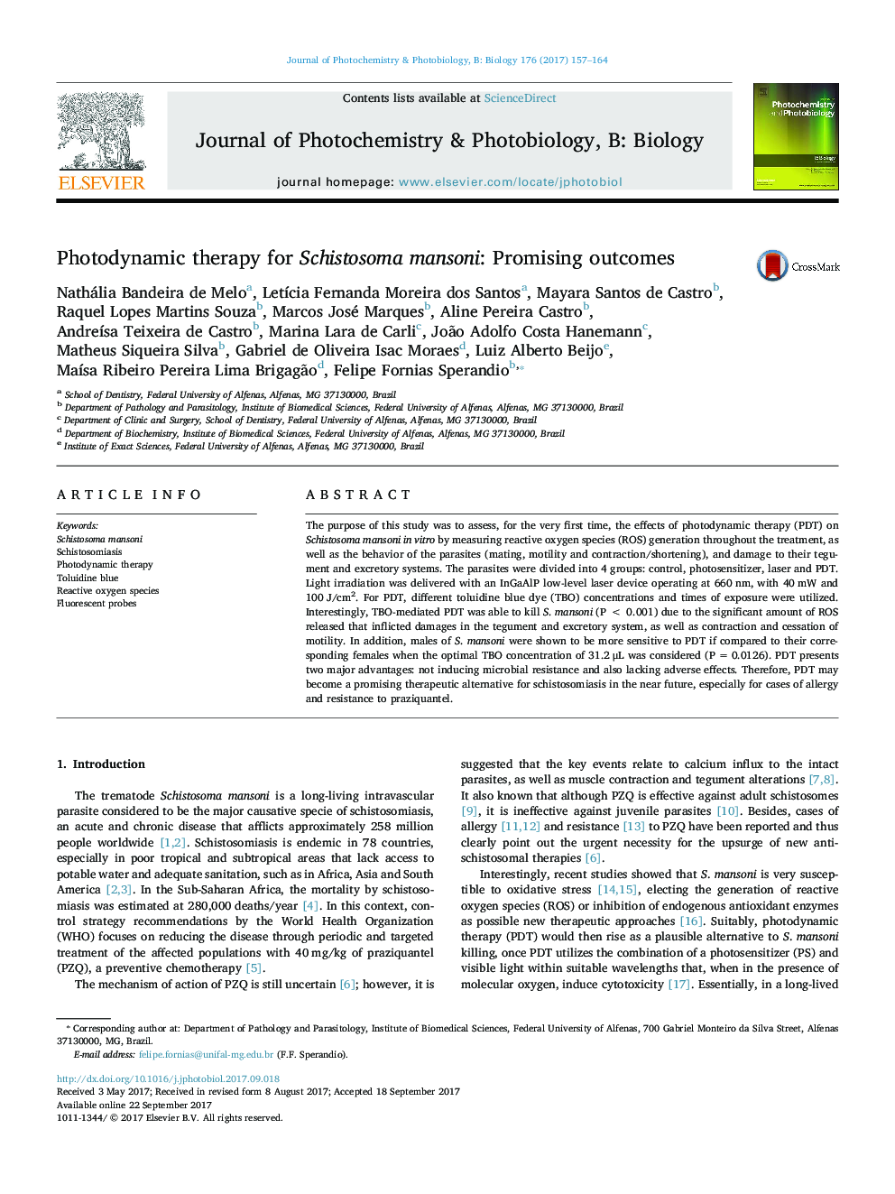 Photodynamic therapy for Schistosoma mansoni: Promising outcomes