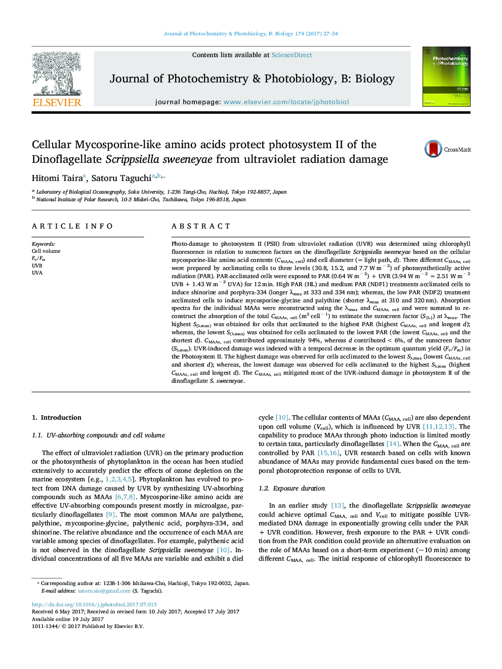 Cellular Mycosporine-like amino acids protect photosystem II of the Dinoflagellate Scrippsiella sweeneyae from ultraviolet radiation damage