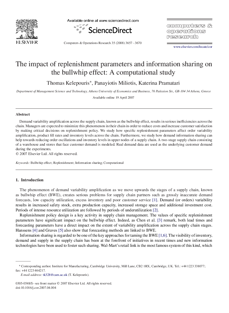 The impact of replenishment parameters and information sharing on the bullwhip effect: A computational study