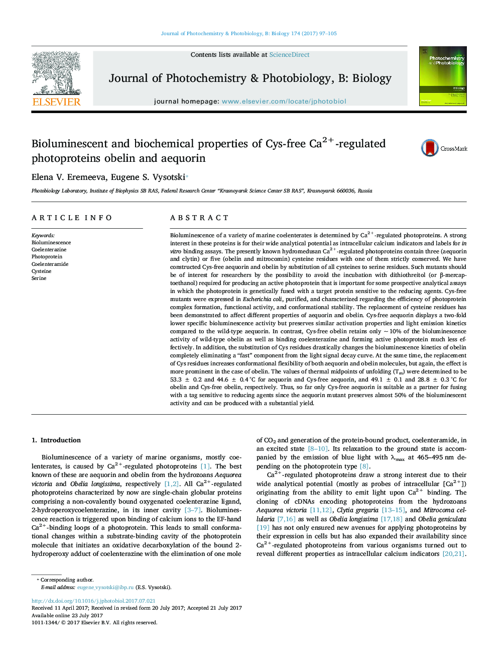 Bioluminescent and biochemical properties of Cys-free Ca2+-regulated photoproteins obelin and aequorin