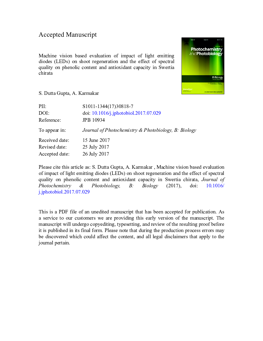 Machine vision based evaluation of impact of light emitting diodes (LEDs) on shoot regeneration and the effect of spectral quality on phenolic content and antioxidant capacity in Swertia chirata