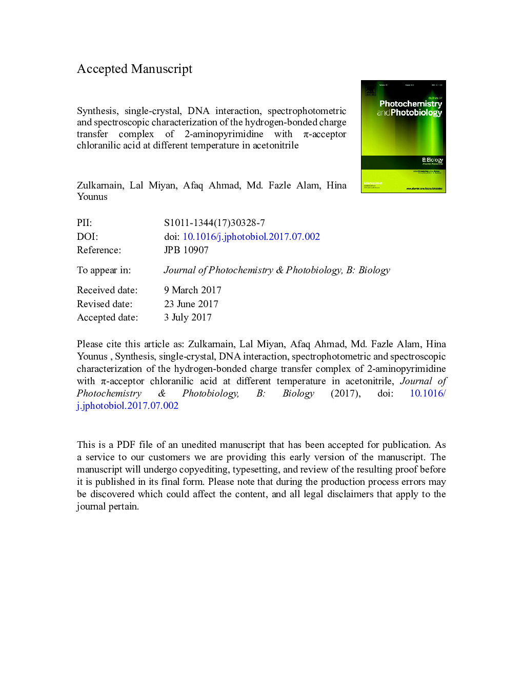 Synthesis, single-crystal, DNA interaction, spectrophotometric and spectroscopic characterization of the hydrogen-bonded charge transfer complex of 2-aminopyrimidine with Ï-acceptor chloranilic acid at different temperature in acetonitrile