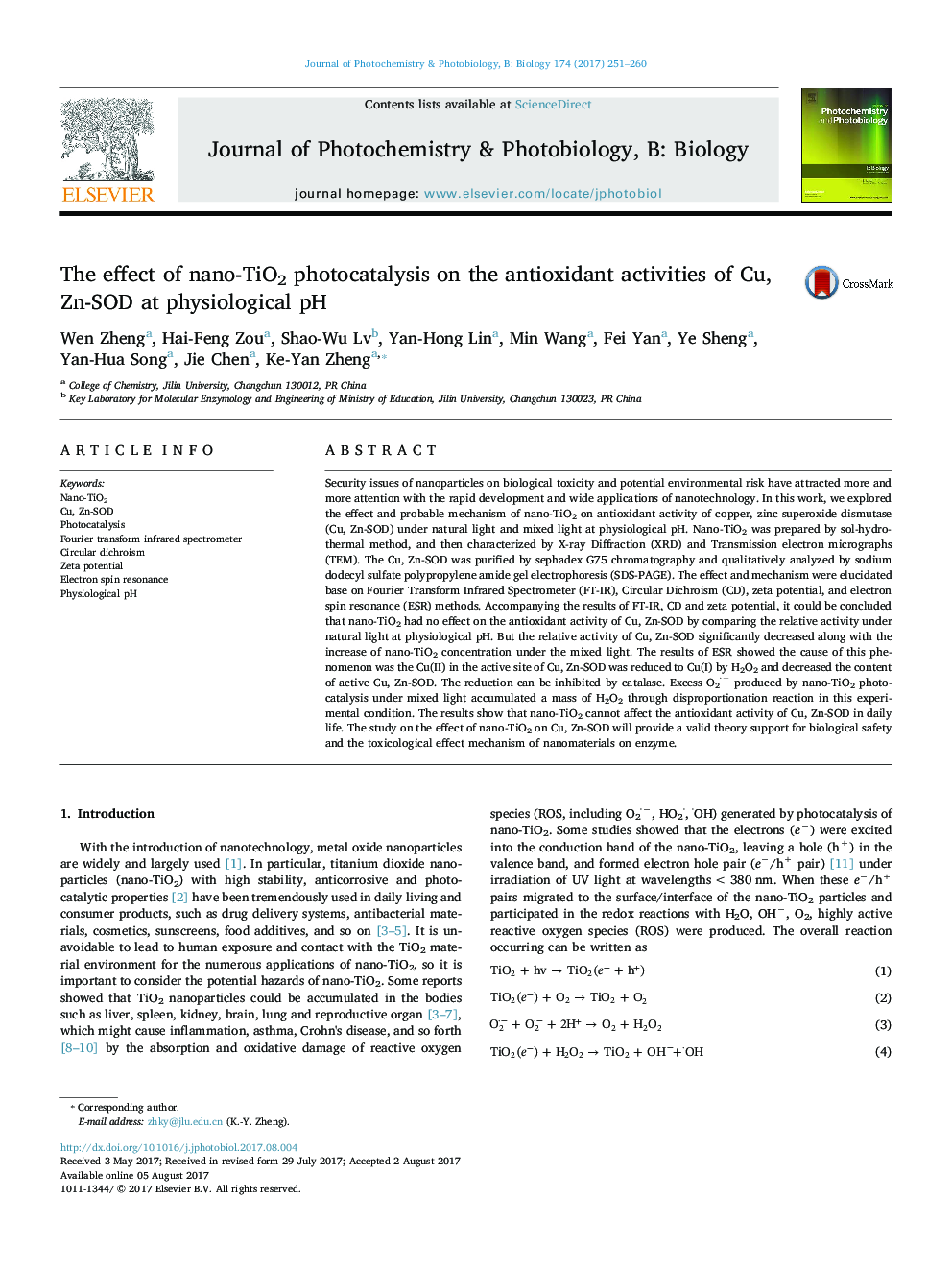 The effect of nano-TiO2 photocatalysis on the antioxidant activities of Cu, Zn-SOD at physiological pH