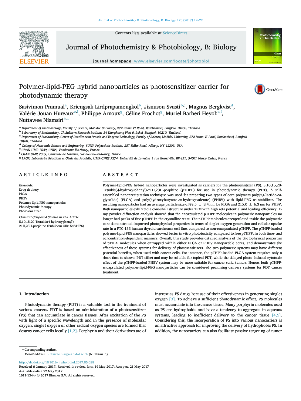 نانوذرات هیبرید پلیمر-لیپید-پلی اتیلن به عنوان یک ماده حساس به فتوسنتز کننده برای درمان فوتودینامیک 