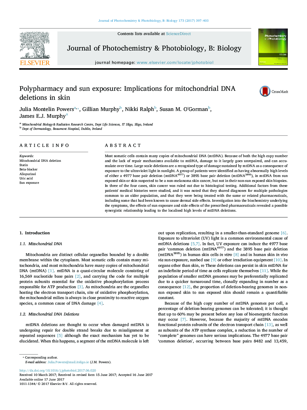 Polypharmacy and sun exposure: Implications for mitochondrial DNA deletions in skin